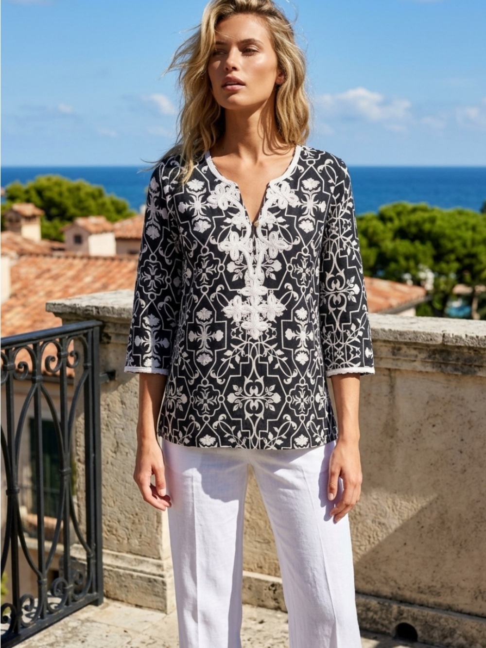 Black & White Embroidered V-Neck Tunic Top